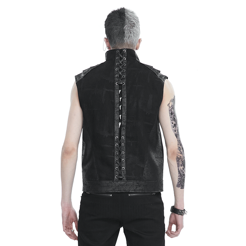 Punk Rock Zip Up Waistcoat with Lace-Up Back / Men's Stand Up Collar Clothes with Studded - HARD'N'HEAVY