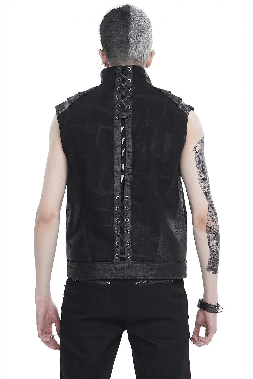 Men's punk rock zip-up waistcoat with lace-up back and studded collar, showcasing edgy style.