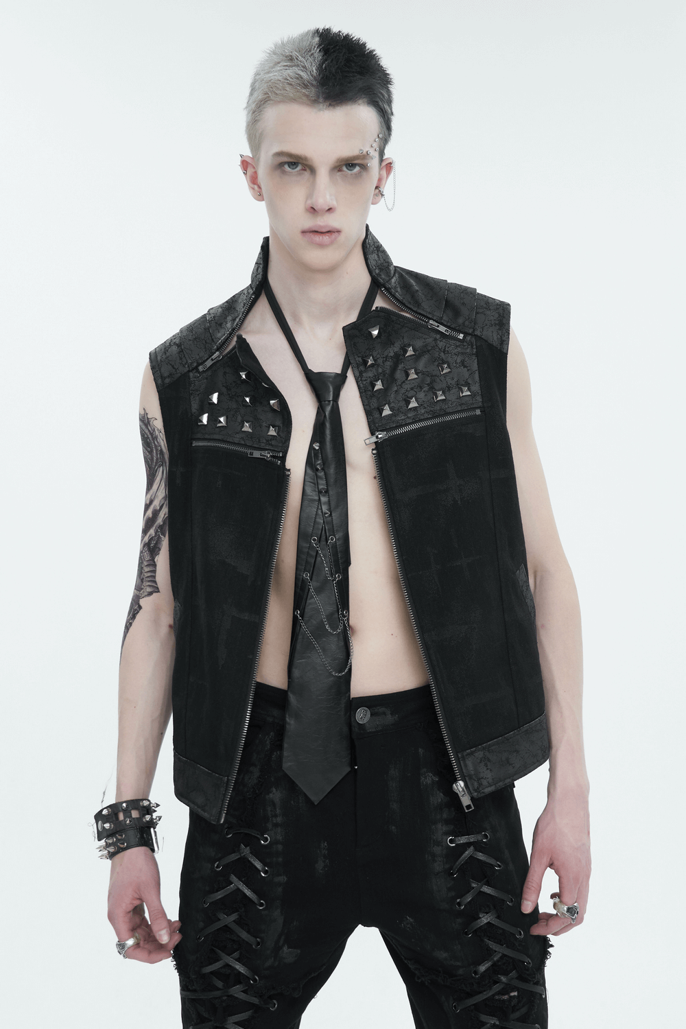 Men's punk rock zip-up waistcoat with lace-up back and studded collar, showcasing edgy fashion style.