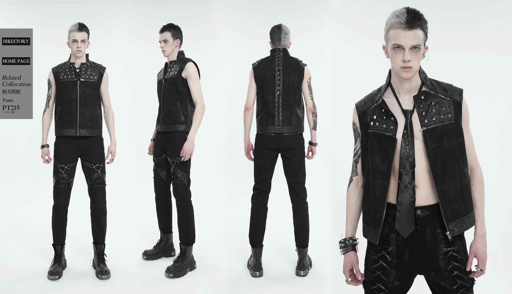 Men's punk rock zip-up waistcoat with studded collar and lace-up back, showcasing edgy style and rebellious fashion