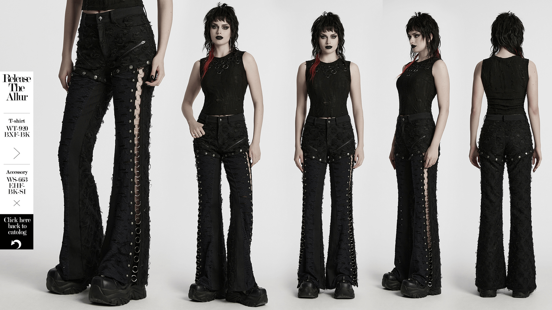 Punk rose-embellished split wide leg tattered pants showcasing iron ring detailing and detachable snap buttons.