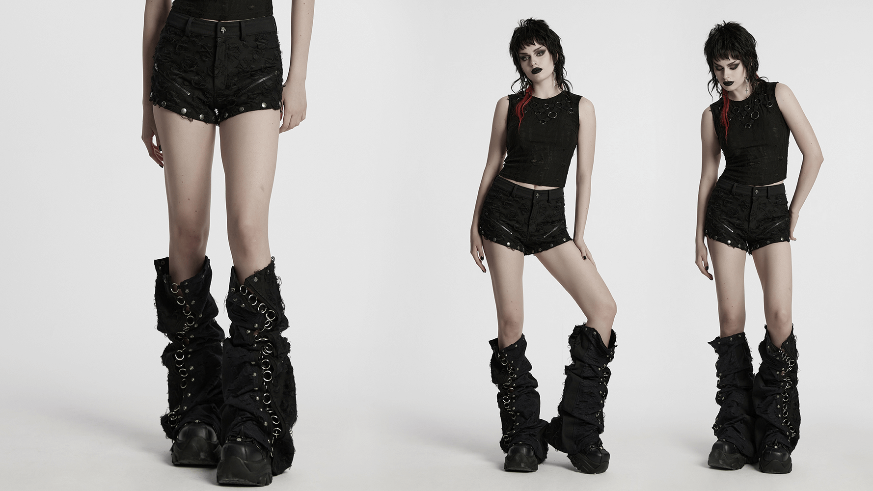 Punk-inspired outfit featuring tattered black shorts and stylish lace-up leg warmers, perfect for edgy fashion lovers.
