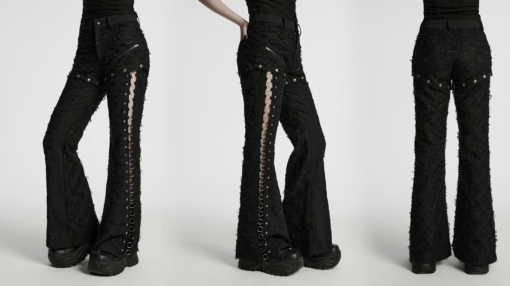 Punk rose-embellished split wide leg tattered pants with iron ring detailing and detachable snap buttons.