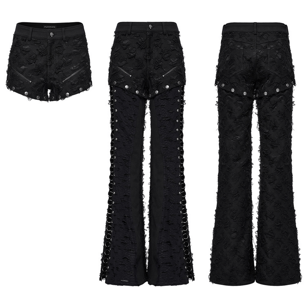 Punk rose-embellished black tattered pants with detachable buttons and iron ring detailing, showcasing a stylish wide leg design.