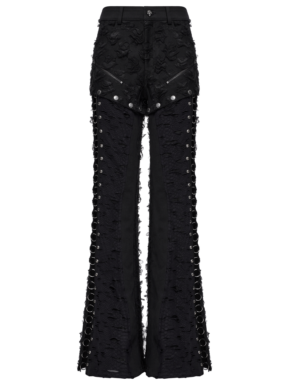 Punk rose-embellished split wide leg tattered pants with iron ring detailing and detachable snap buttons.