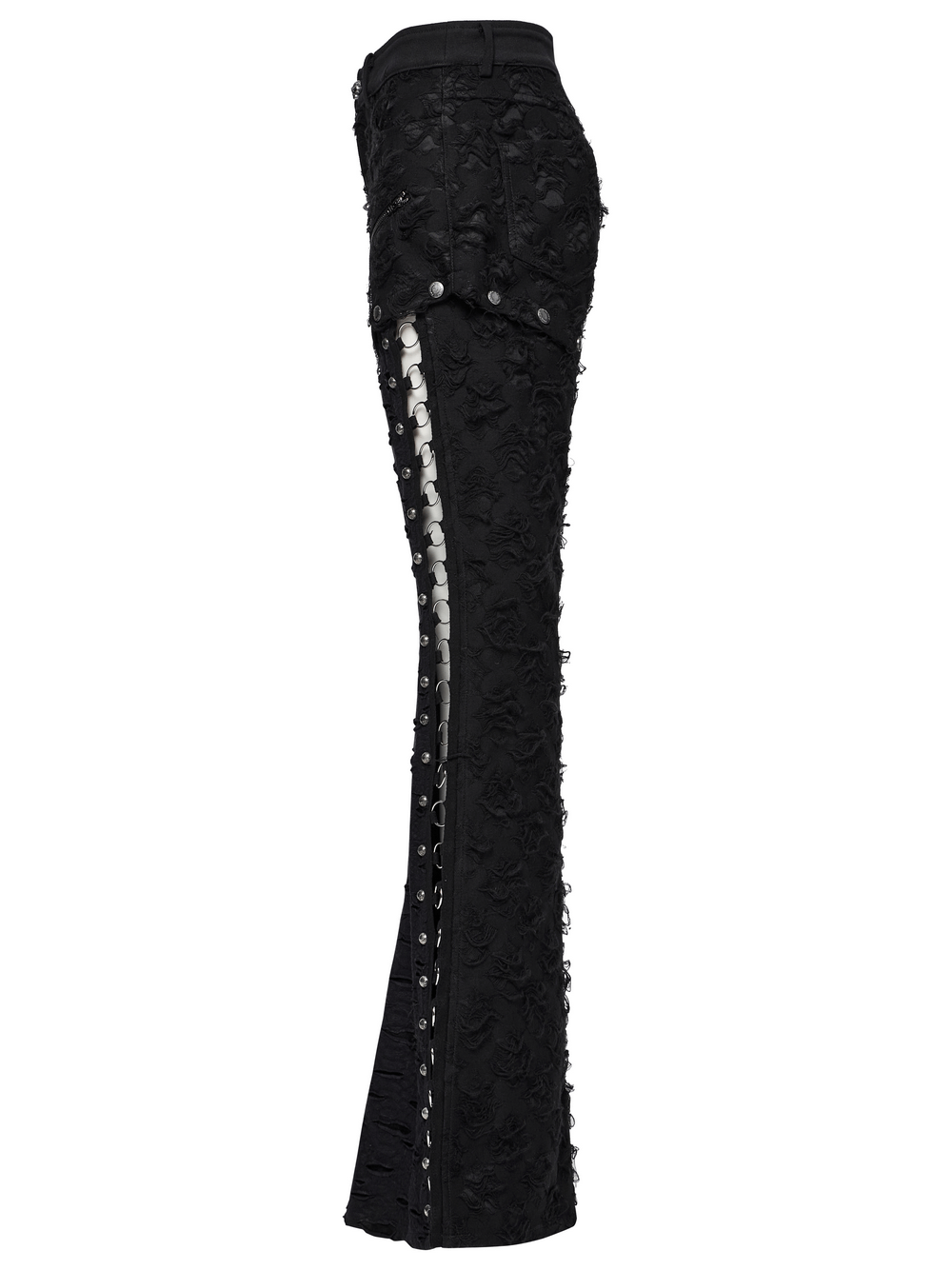 Punk rose-embellished split wide leg tattered pants with iron ring detailing and snap button connections.