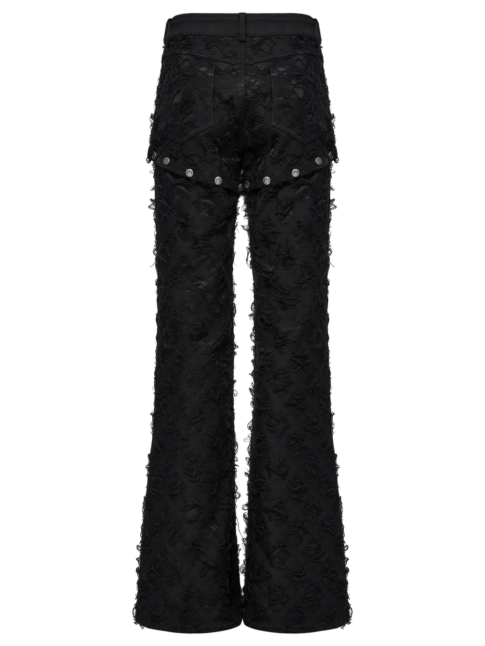 Back view of punk rose-embellished split wide leg tattered pants with snap buttons and iron ring detailing.