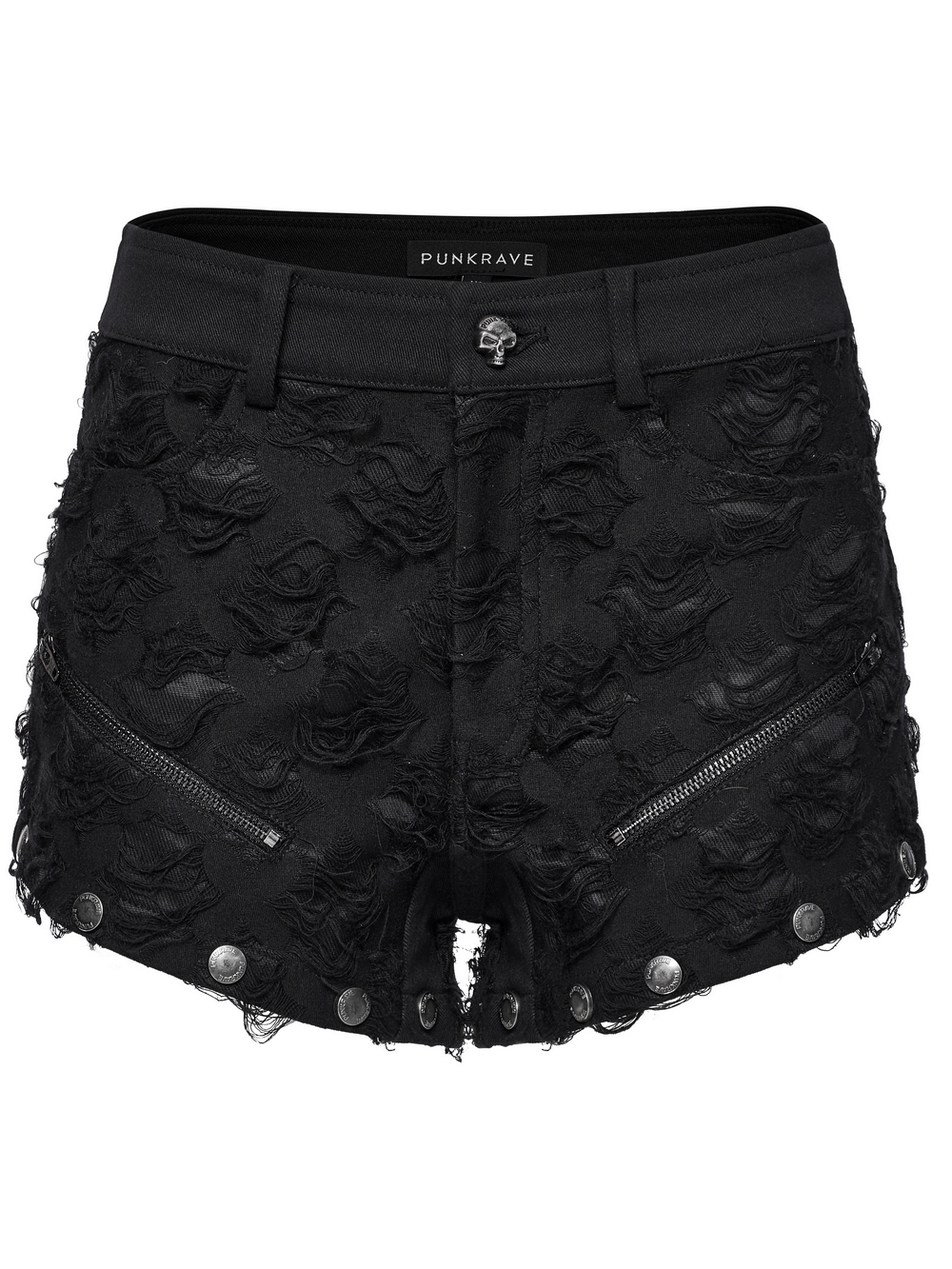 Punk black floral-embellished high-waisted shorts with zippers and snap buttons for edgy style.