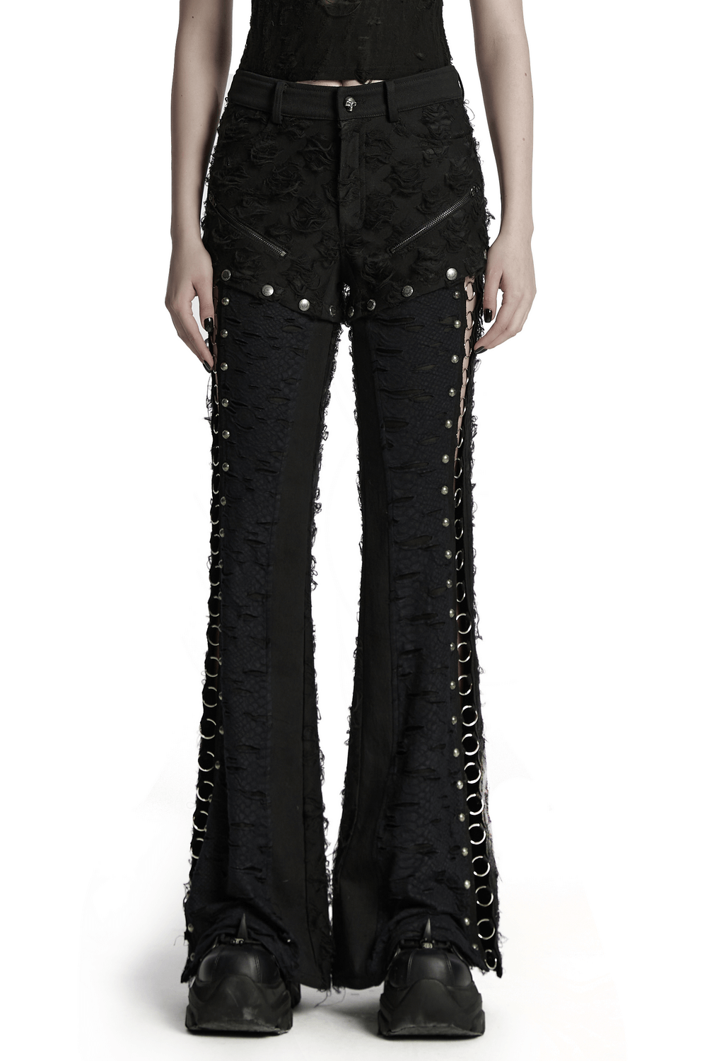 Punk rose-embellished split wide leg pants with iron ring detailing and tattered fabric for a rugged style.