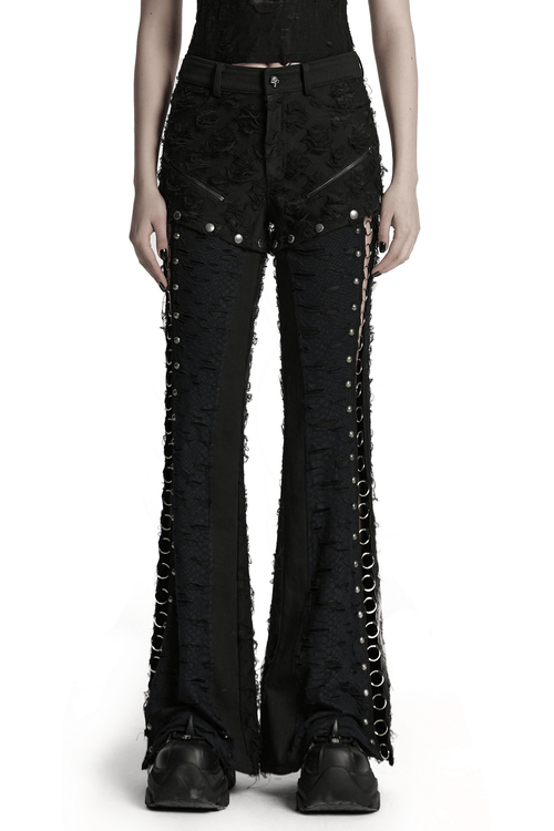 Pantalon évasé fendu orné de roses punk