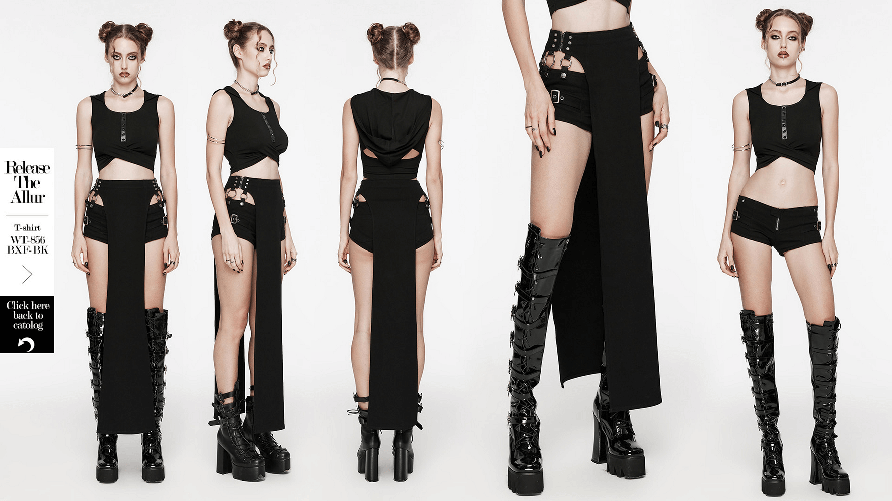 Edgy punk-style black shorts and high slit long skirt outfit featuring metal hoops and lace-up boots.