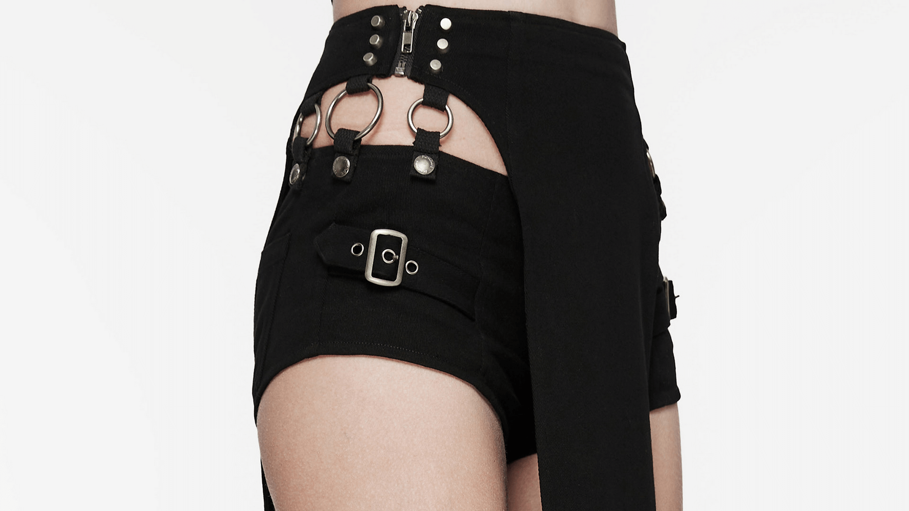 Edgy black shorts with punk-style cutouts, metal hoops, and rivets for a bold, rebellious look.