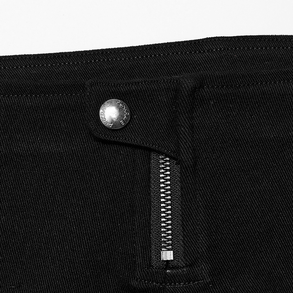 Close-up of black shorts zipper and button, showcasing edgy punk style and quality craftsmanship.
