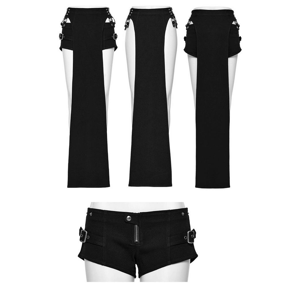 Edgy black punk shorts with removable high slit skirt featuring side cutouts and metal accents.