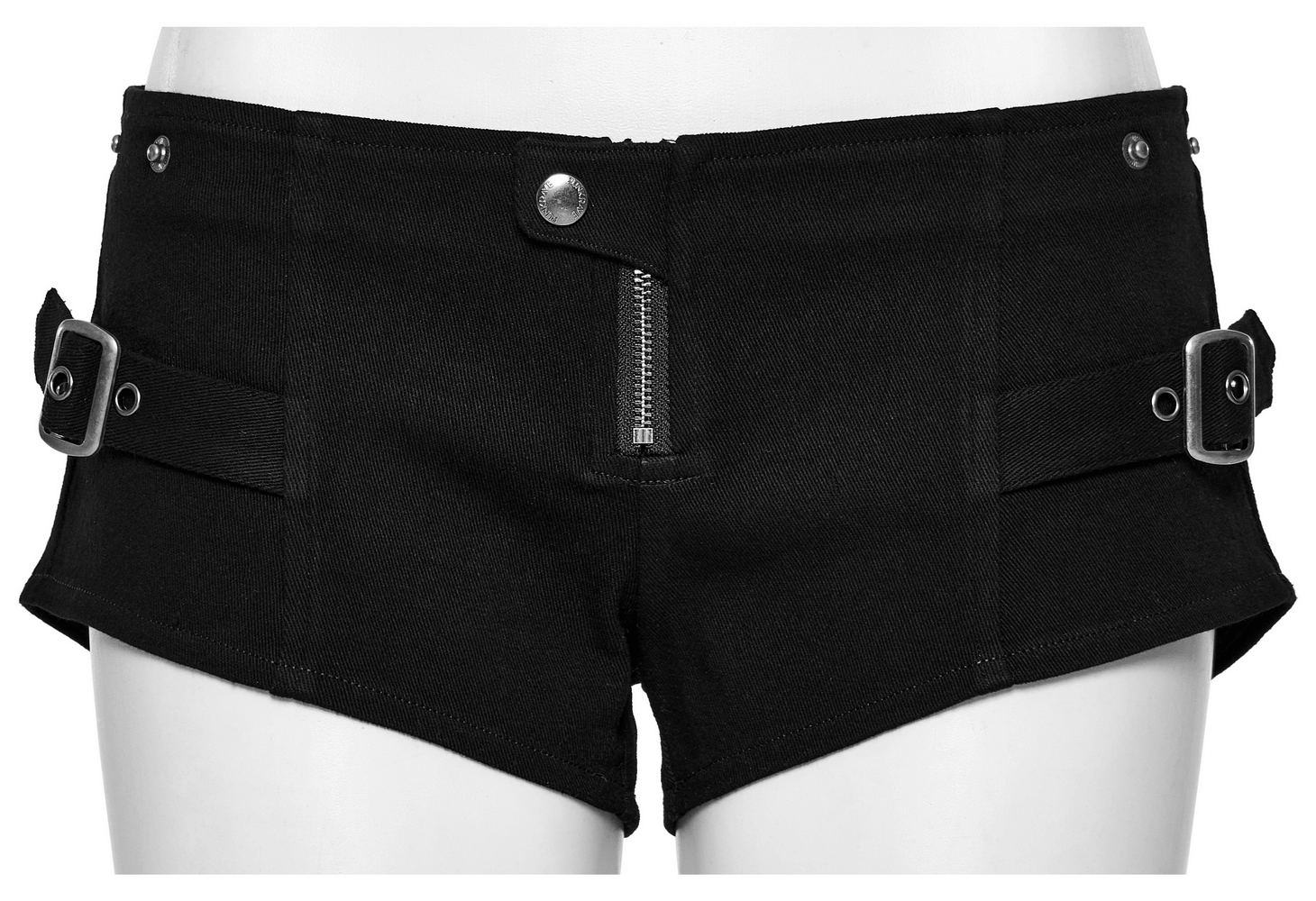 Edgy black shorts featuring metallic details and stylish side buckles, perfect for a punk-inspired outfit.