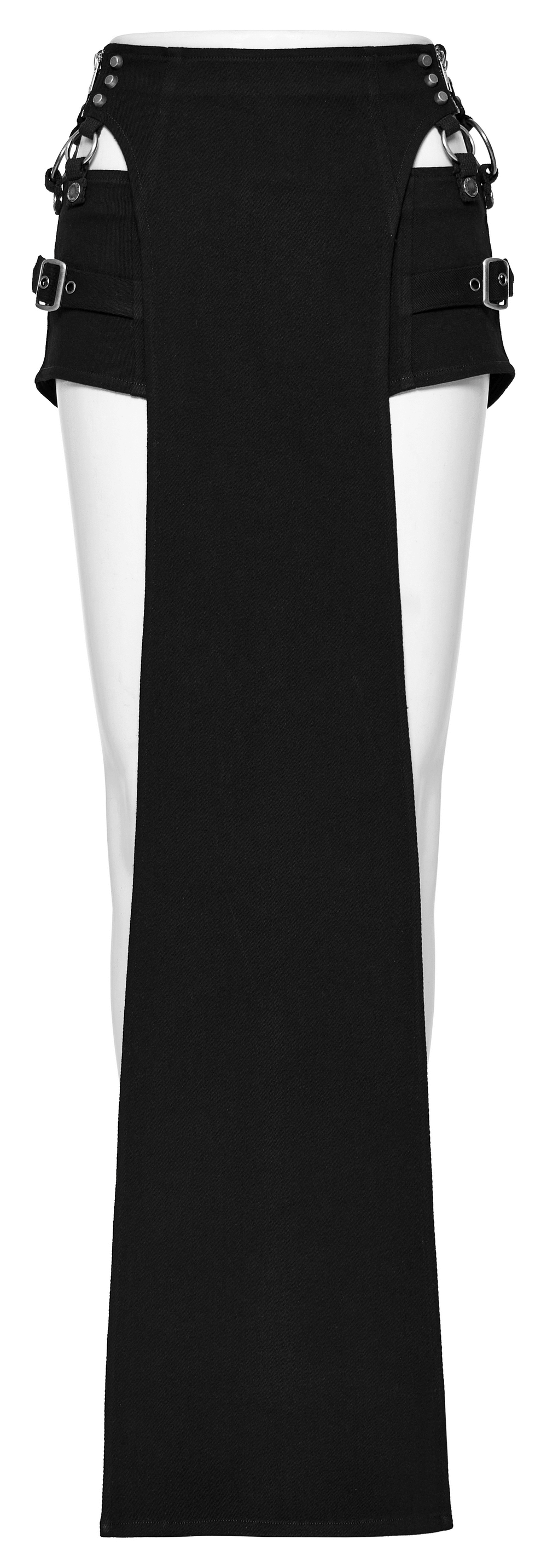Edgy black long skirt with high slit and punk-style side cutouts featuring metal hoops and rivets.
