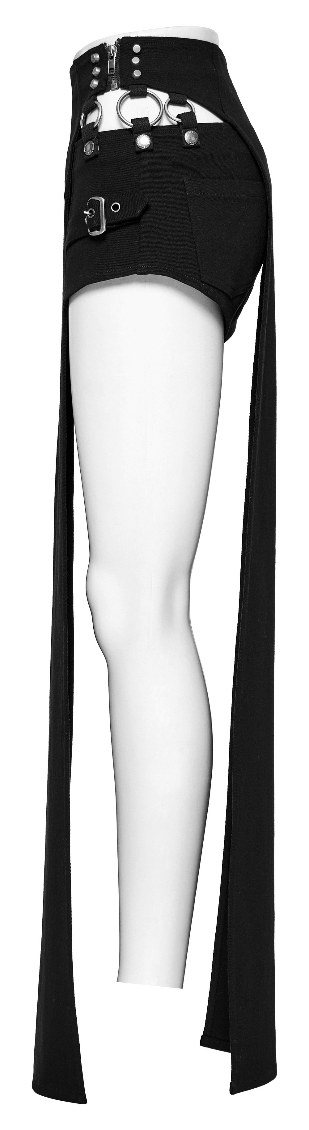Edgy black shorts with removable long skirt, featuring punk-inspired side cutouts and metal hoops.