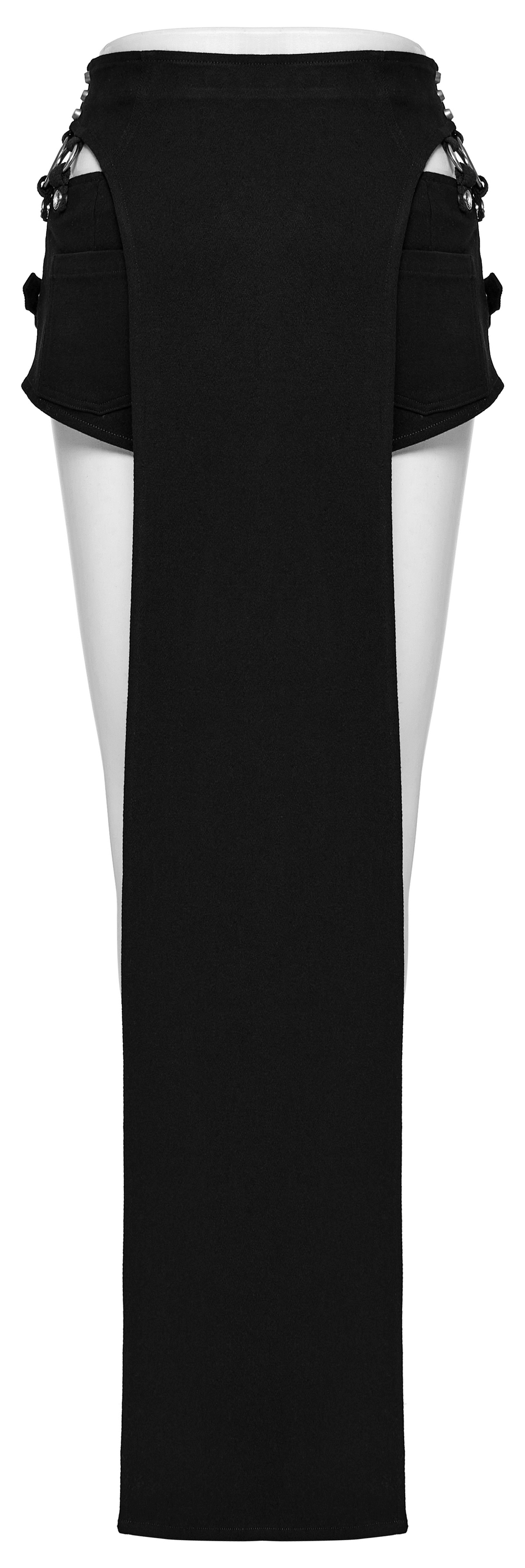 Back view of punk-inspired black skirt and shorts set, showcasing stylish side cutouts and high slit design.