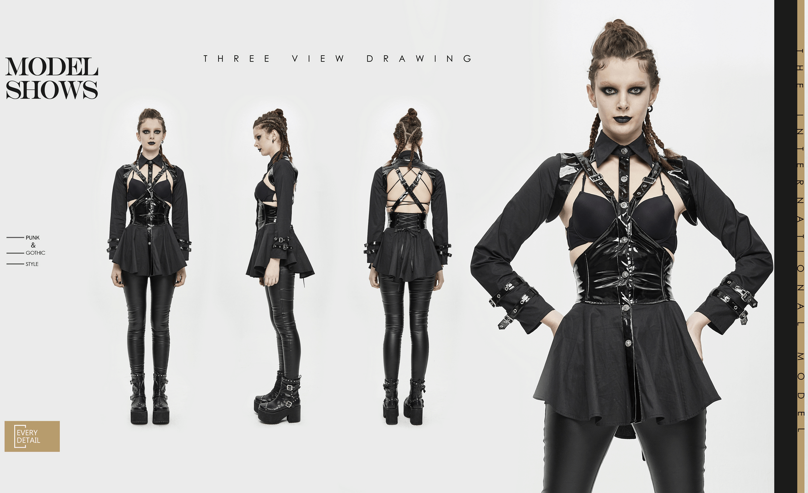 Three view drawing of a punk sexy long sleeve shirt with lace-up back and gothic accents.