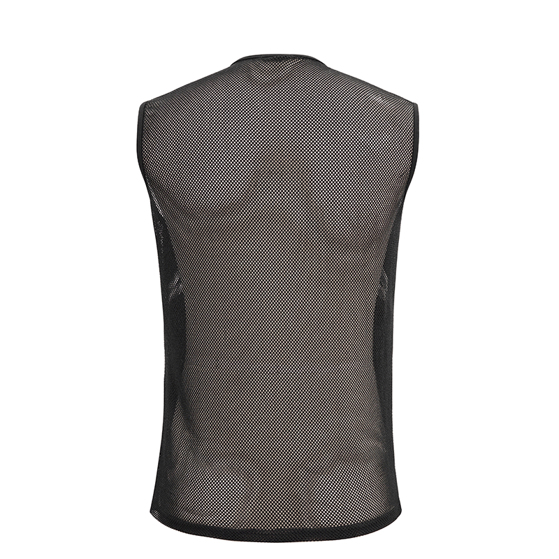 Men's gothic black sleeveless mesh tank top, stylish and comfortable, perfect for a punk outfit.