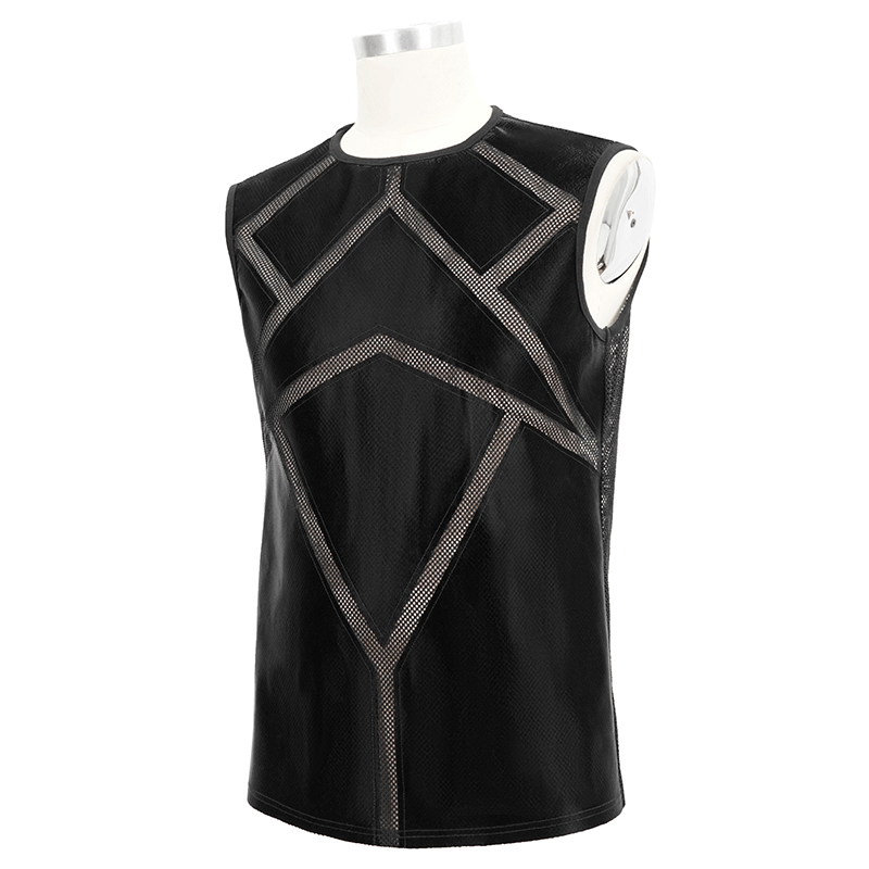 Gothic black sleeveless tank top for men with trendy geometric design and elastic fit.
