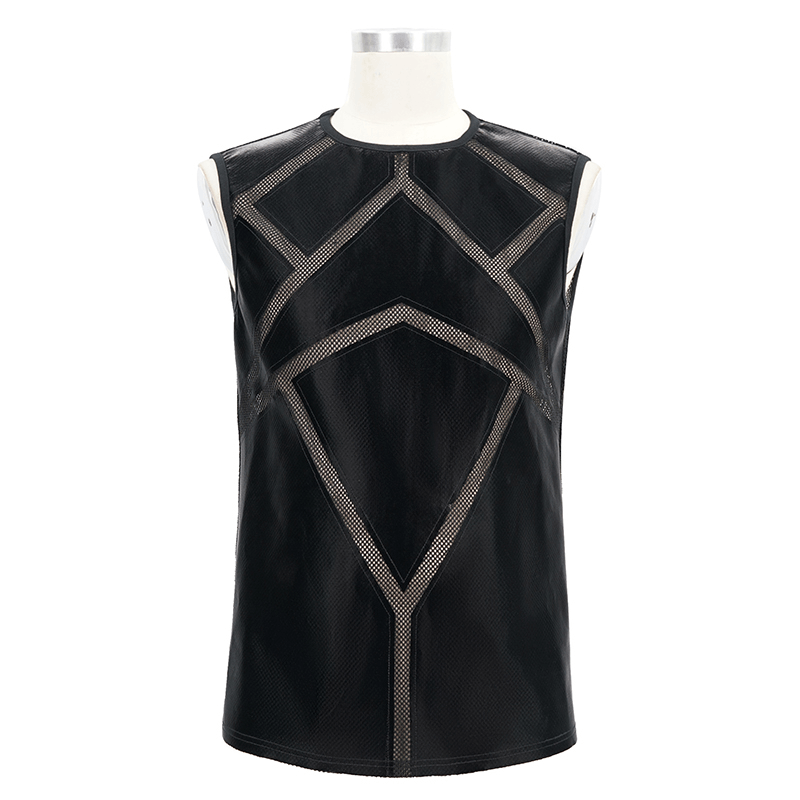 Men's punk see-through black sleeveless tank top with gothic design and unique geometric accents.