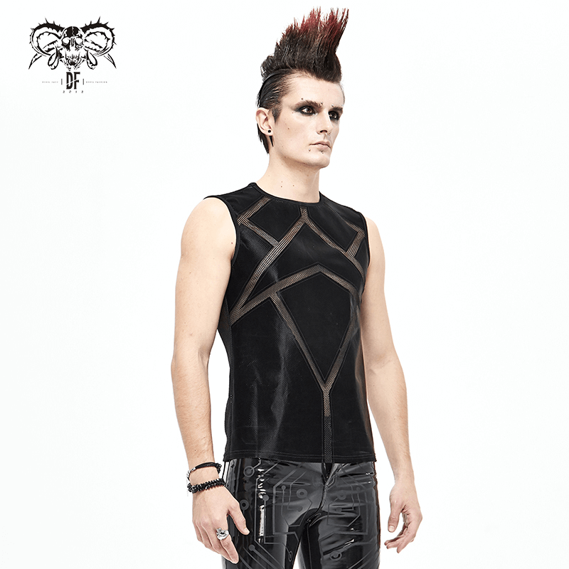 Punk Sexy See-through Tank Top for Men / Gothic Black Sleeveless O-Neck Elastic Tee Shirt - HARD'N'HEAVY