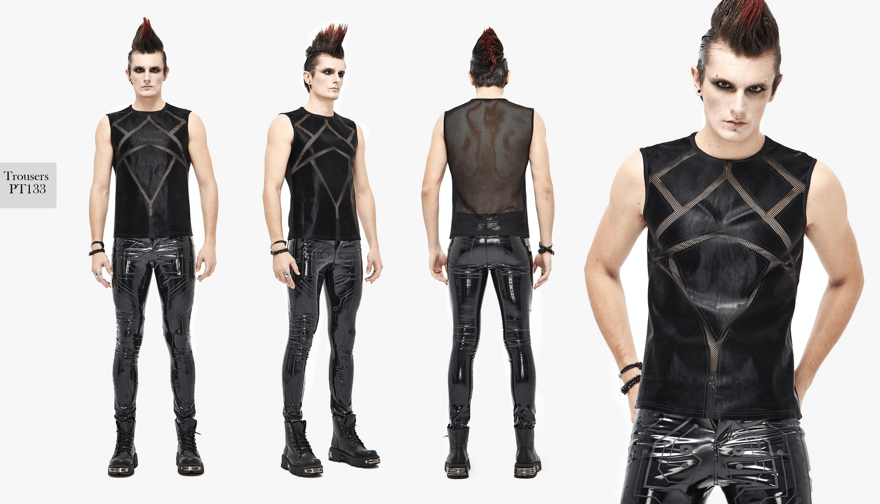 Punk sexy see-through tank top for men in gothic style, featuring sleeveless design and trendy black fabric.