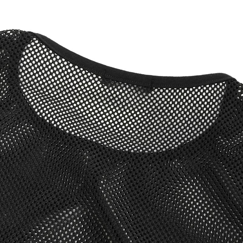 Close-up of a black mesh tank top with a round neckline, showcasing a punk gothic style for men.