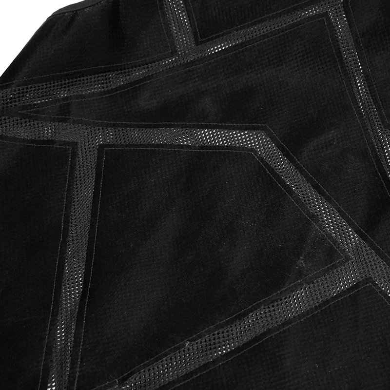 Close-up of a punk see-through black tank top fabric with geometric patterns for men.