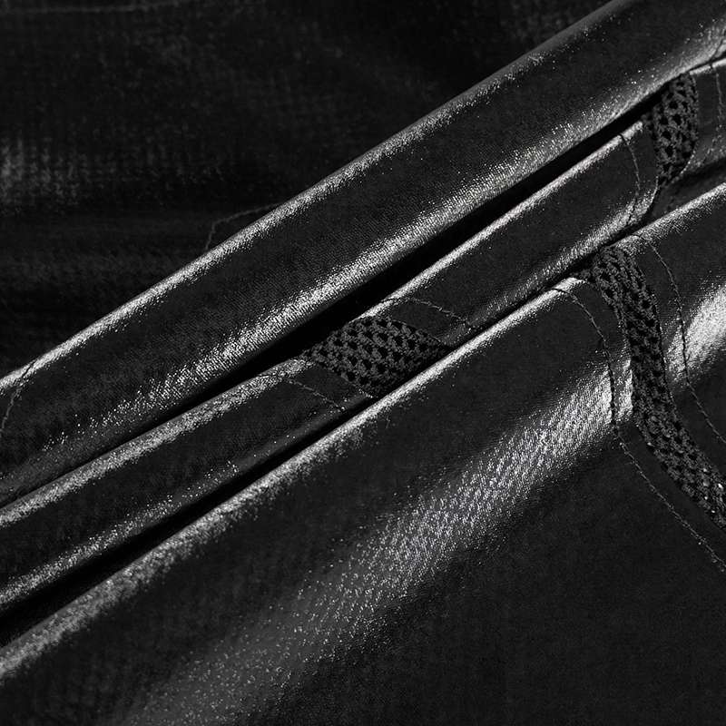 Close-up of sleek black fabric showcasing texture of men's gothic sleeveless tank top.