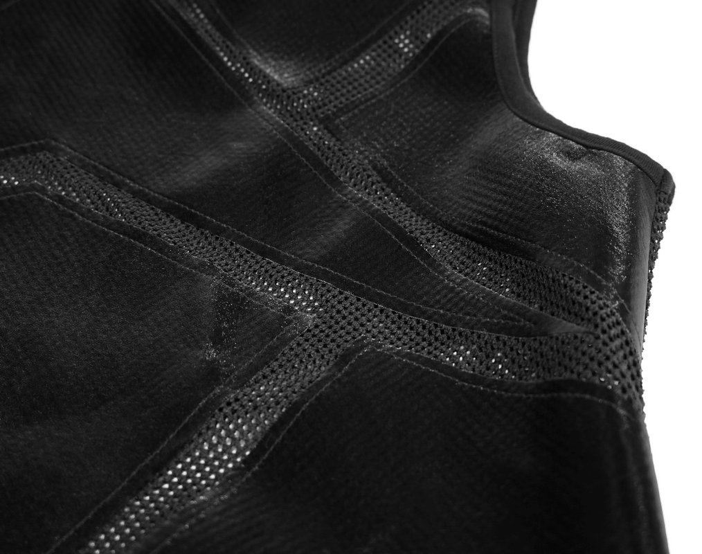 Close-up of a punk sexy see-through men's black sleeveless tank top with gothic mesh design.