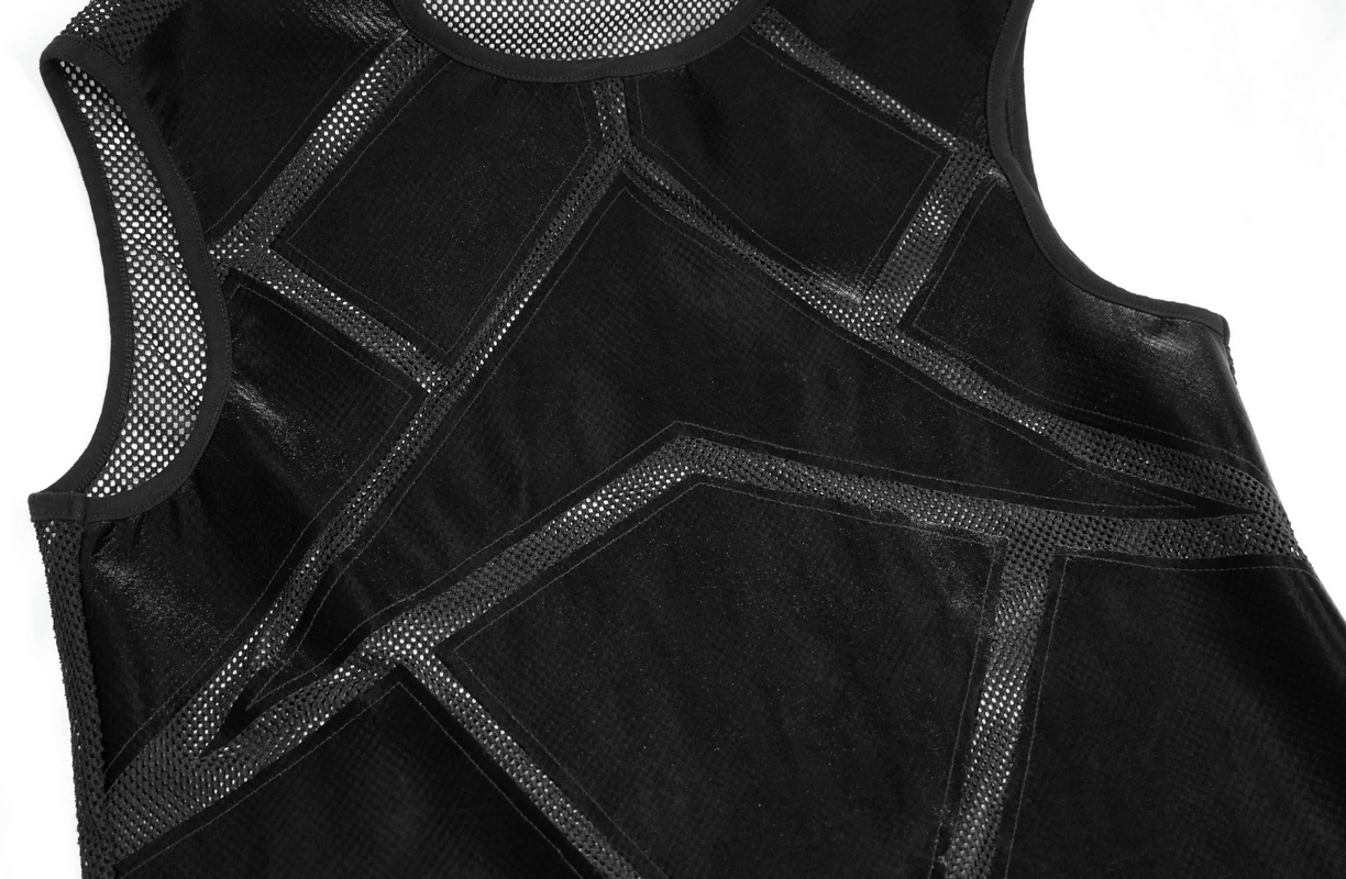 Men's gothic black sleeveless tank top featuring a trendy see-through mesh design and elastic fit.