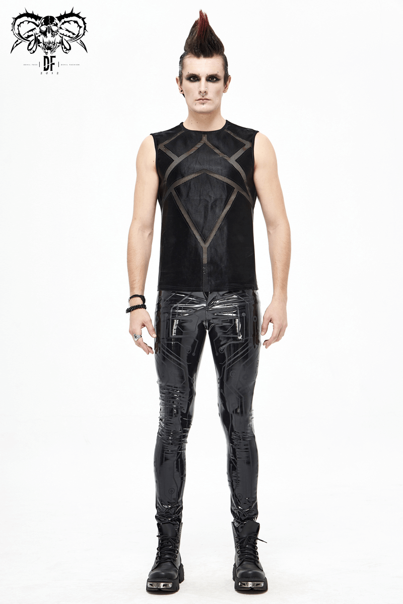 Men's punk gothic black sleeveless tank top styled with shiny black pants for a bold fashion statement.
