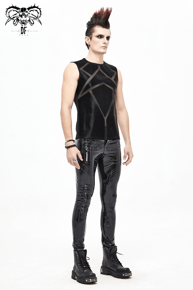 Stylish men's gothic black sleeveless tank top paired with shiny black pants, showcasing punk fashion.