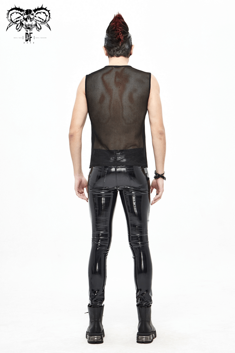 Men's punk gothic black sleeveless tank top, showcasing a stylish see-through design and fitted black pants.