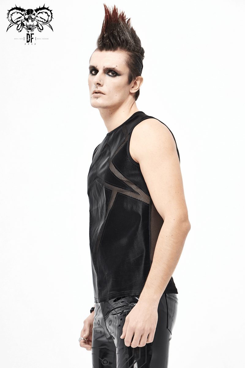 Punk Sexy See-through Tank Top for Men / Gothic Black Sleeveless O-Neck Elastic Tee Shirt - HARD'N'HEAVY