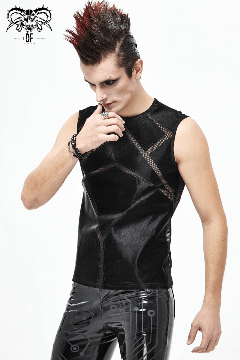 Punk Sexy See-through Tank Top for Men / Gothic Black Sleeveless O-Neck Elastic Tee Shirt - HARD'N'HEAVY