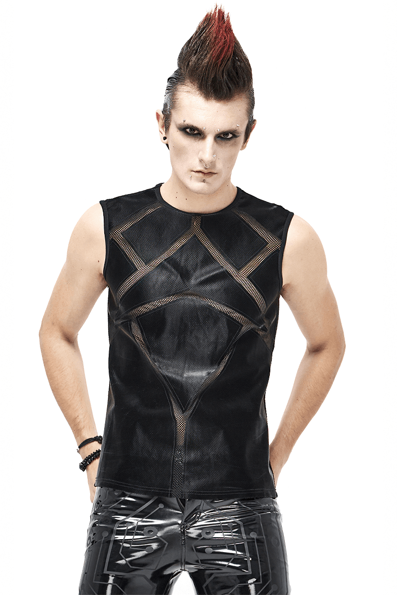 Men's gothic sleeveless black tank top with trendy design, perfect for edgy style enthusiasts.