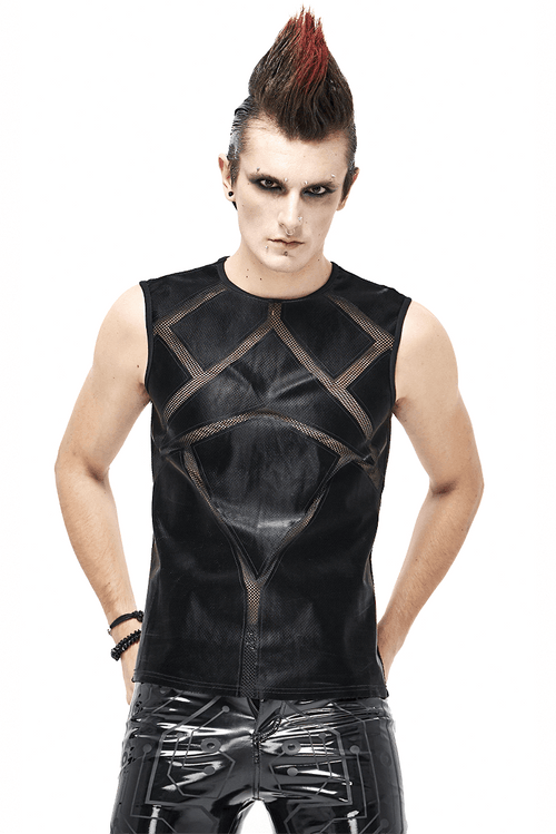 Punk Sexy durchsichtiges Tanktop für Herren / Gothic Schwarzes ärmelloses elastisches O-Ausschnitt-T-Shirt