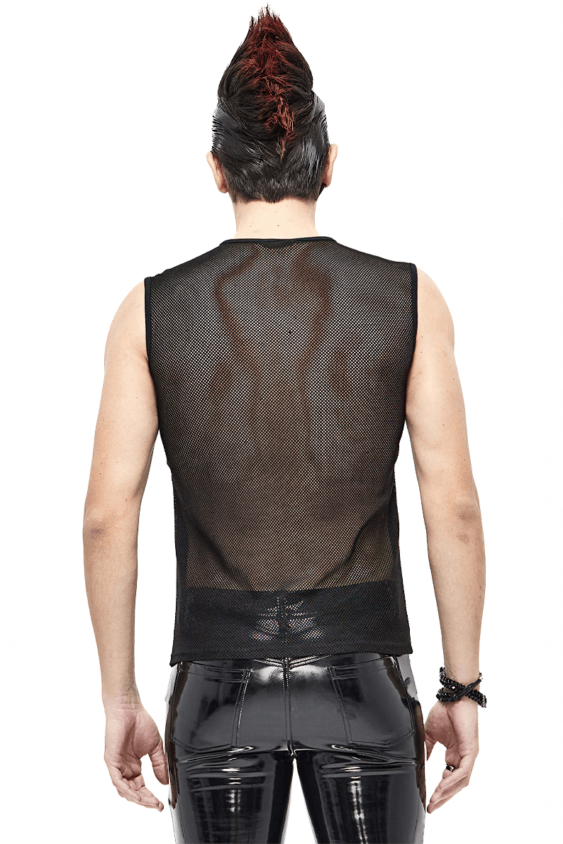 Men's punk see-through black sleeveless tank top, stylish gothic fashion, showcasing unique design and comfortable fit.