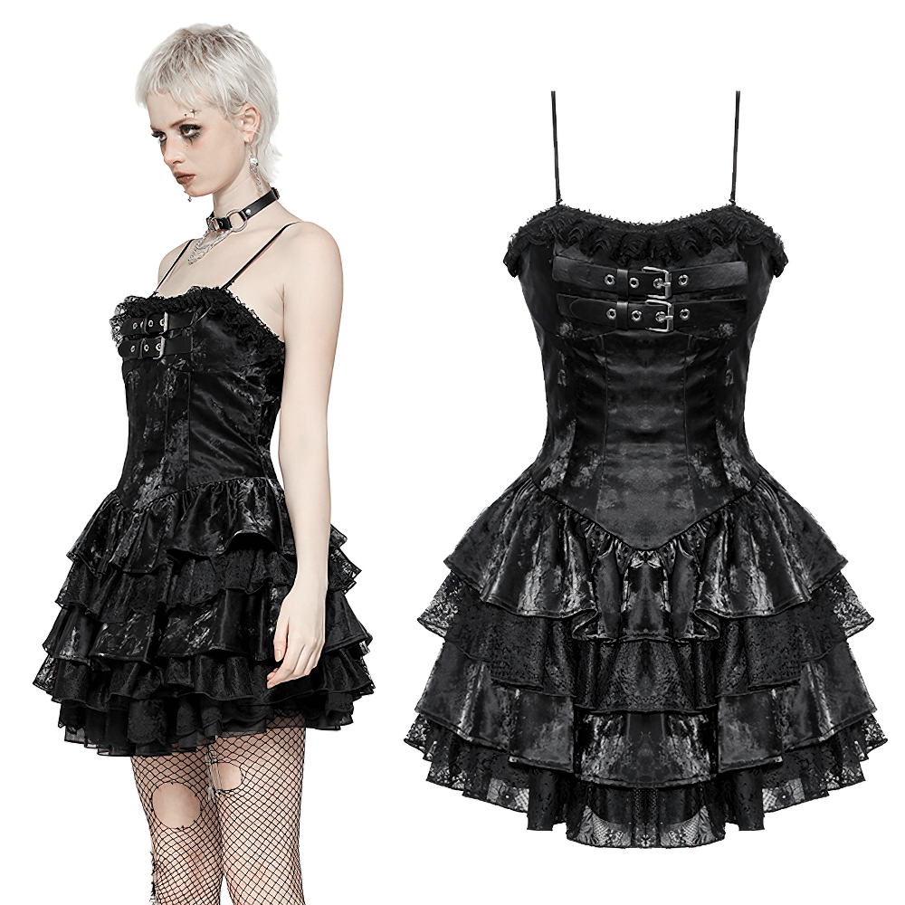 Gothic black mini dress with PU leather bodice and layered velvet ruffles, perfect for punk fashion lovers.