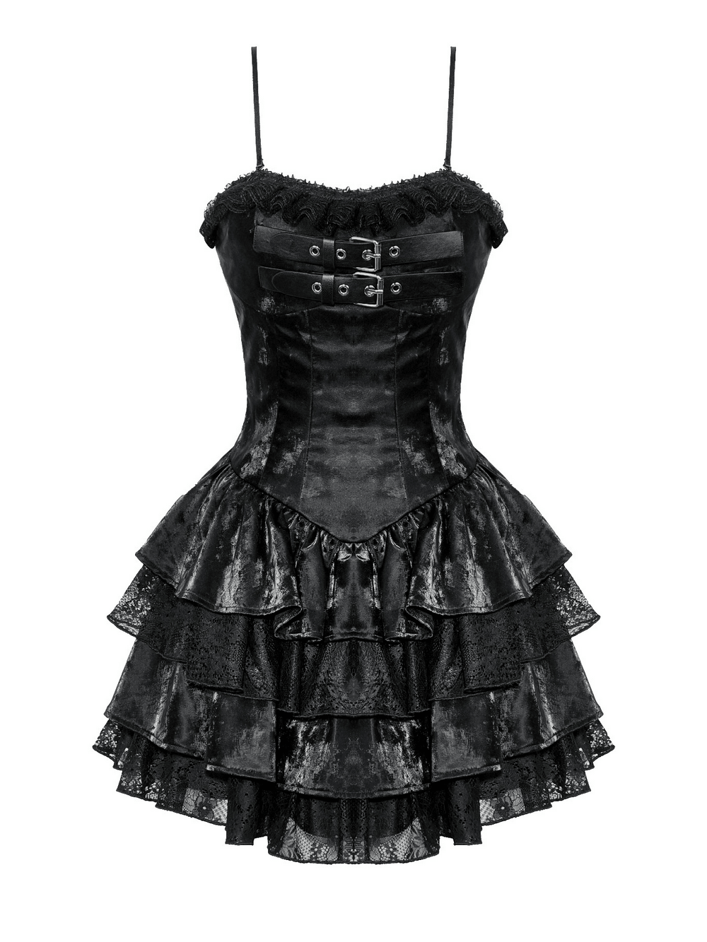 Punk shiny PU leather layered dress with ruffled lace and adjustable straps for a gothic look.