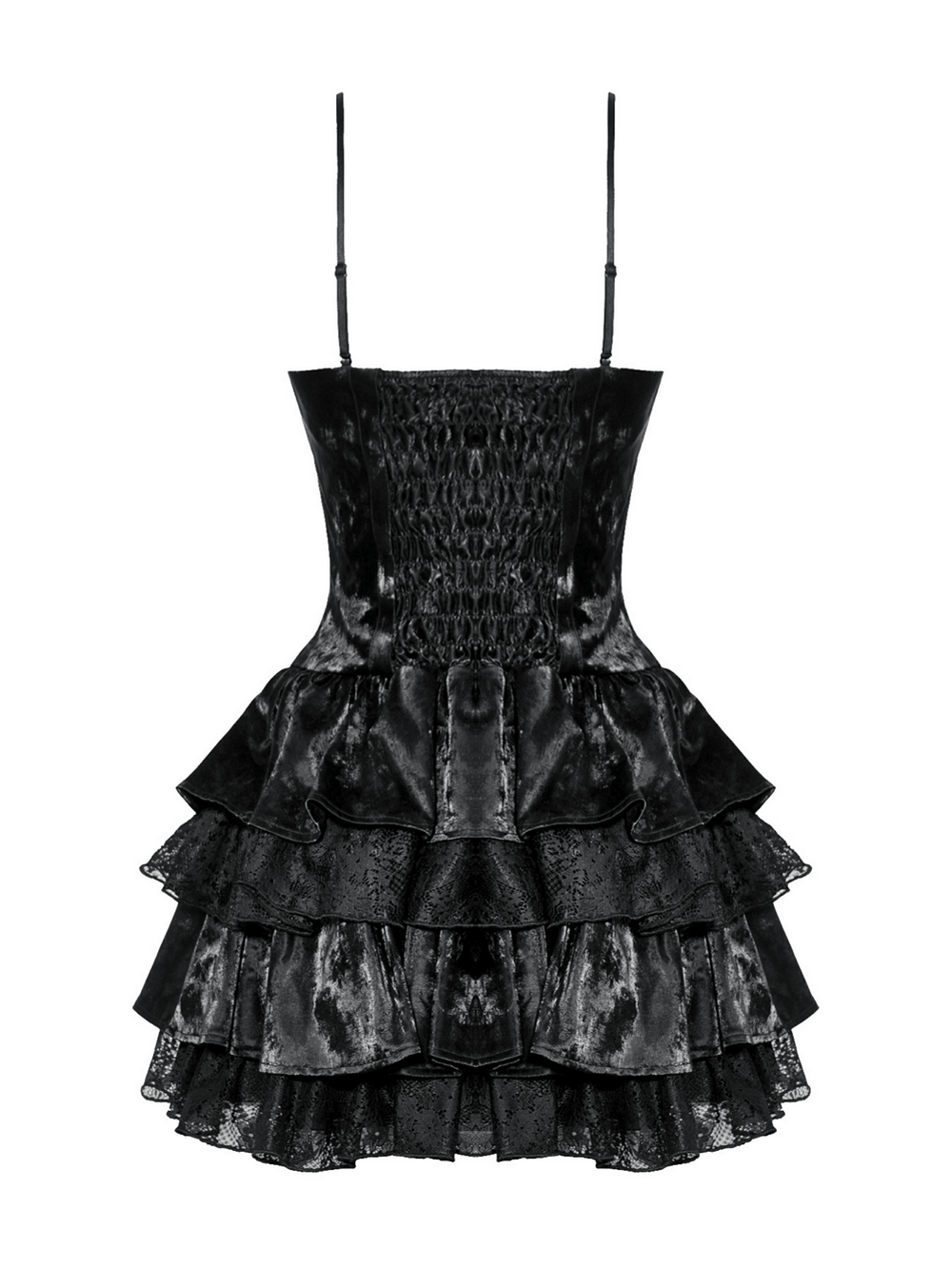 Punk shiny PU leather layered mini dress with ruffled lace in gothic black for a bold alternative fashion statement.