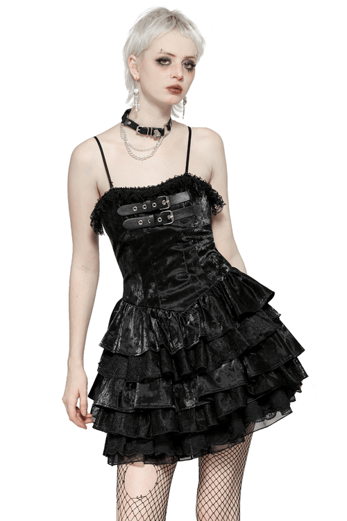 Punk Glänzendes PU-Leder Kleid mit Rüschen-Spitze