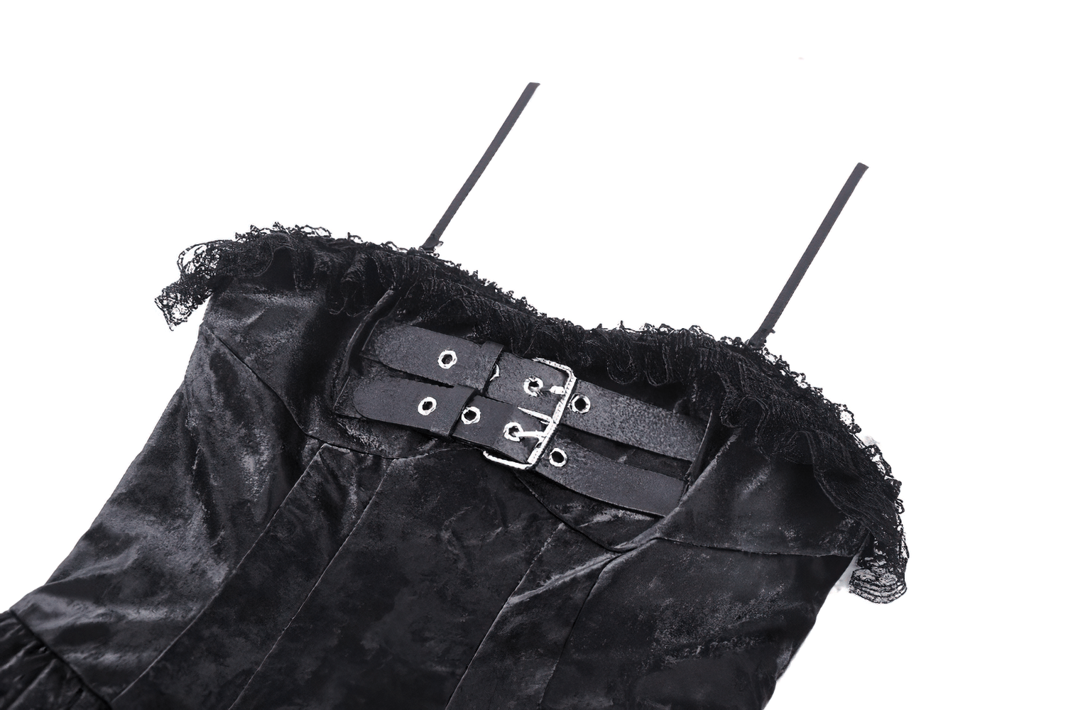 Black velvet and PU leather mini dress with ruffled lace and adjustable straps, showcasing punk style detailing.