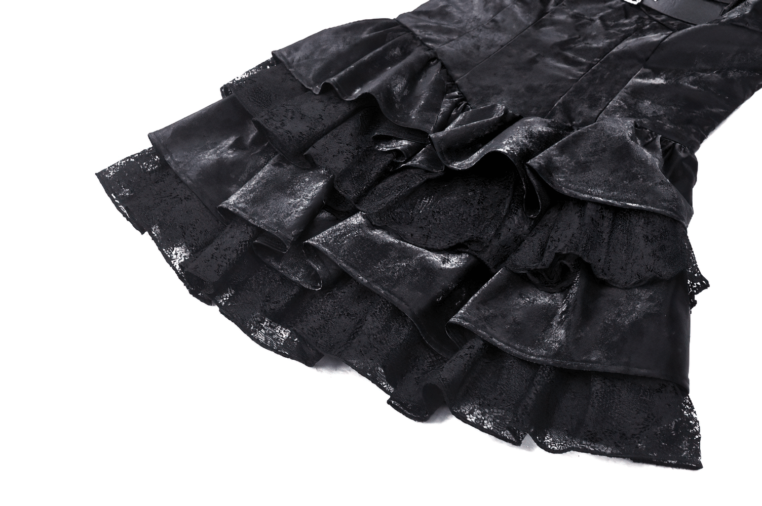Layered black PU leather mini dress with ruffled lace detail, perfect for gothic and punk fashion enthusiasts.