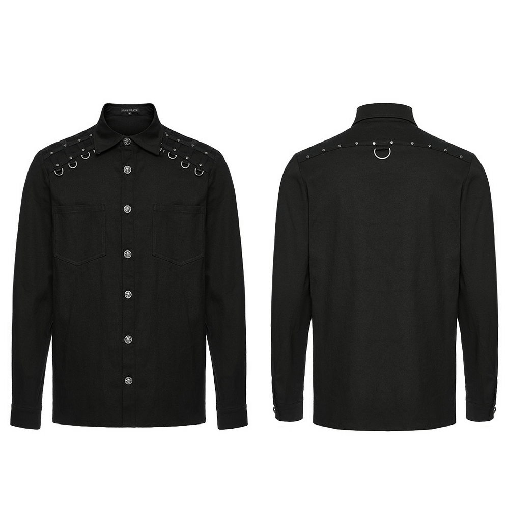 Stylish black punk shirt featuring studded shoulder details and woven webbing accents, perfect for alternative fashion.