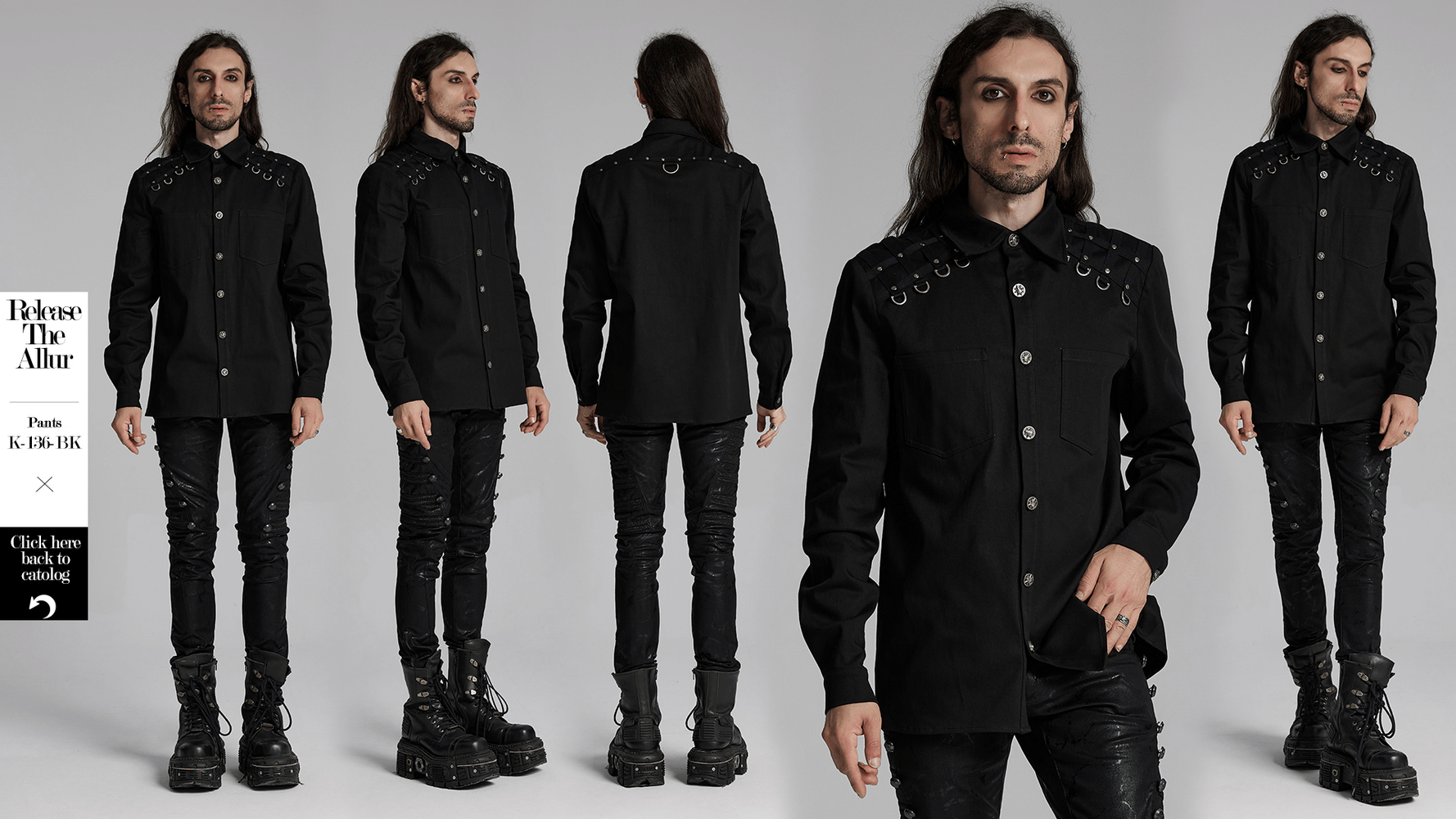 Stylish men's punk twill shirt with studded shoulders, perfect for alternative fashion, showcasing sleek Gothic design.