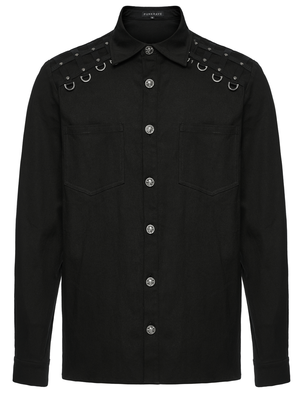 Stylish black punk shirt with studded shoulder details and button-up front, crafted from fine twill fabric.